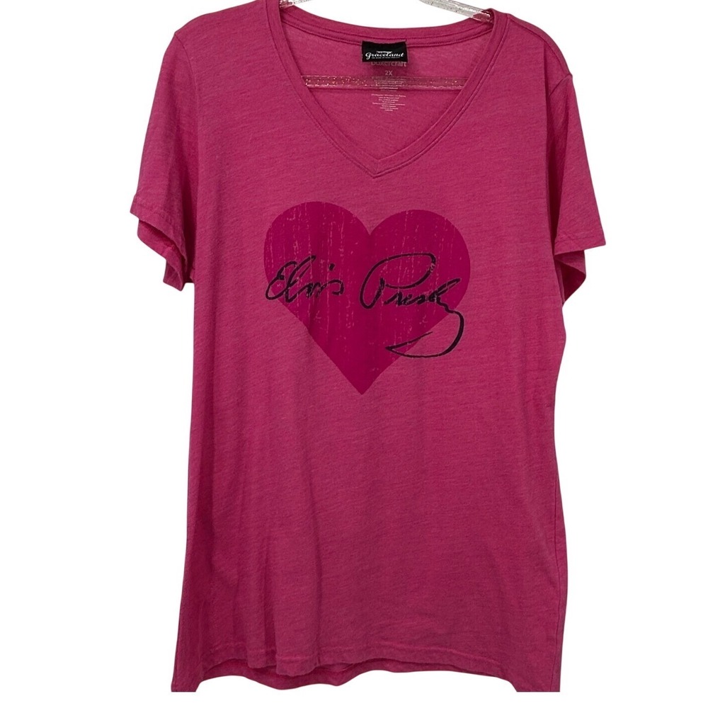 Boxercraft‎ Graceland Elvis Presley Pink Heart Signature Graphic V-Neck Tee 2X